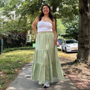 100% Cotton 3X Gingham Tiered Maxi Skirt 3X Green Shiny by Nature